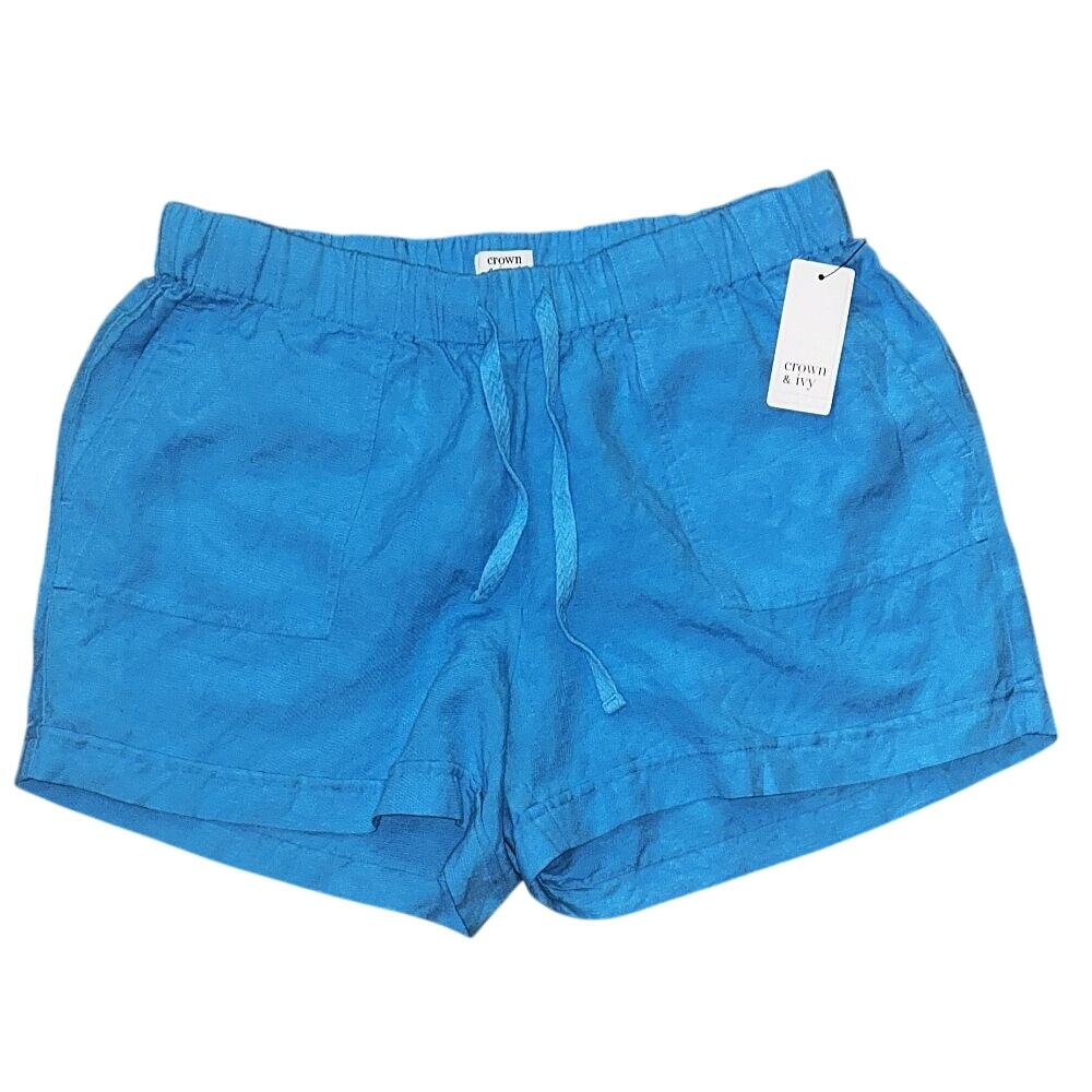NWT Crown & Ivy Linen Blend Lightweight Drawstring Turquoise Blue Shorts Medium